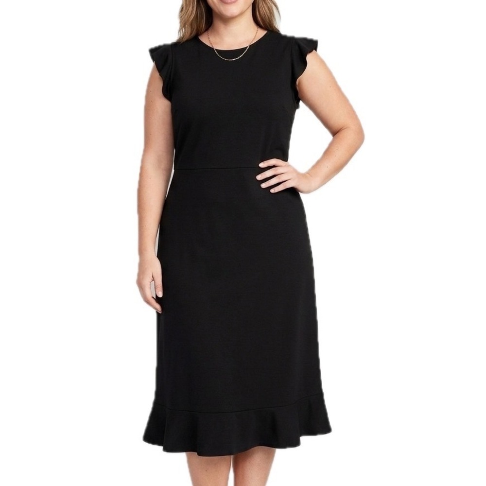 Old Navy Black Ruffle Sheath Dress Womens Large Tall Sleeveless Midi Knit LBD